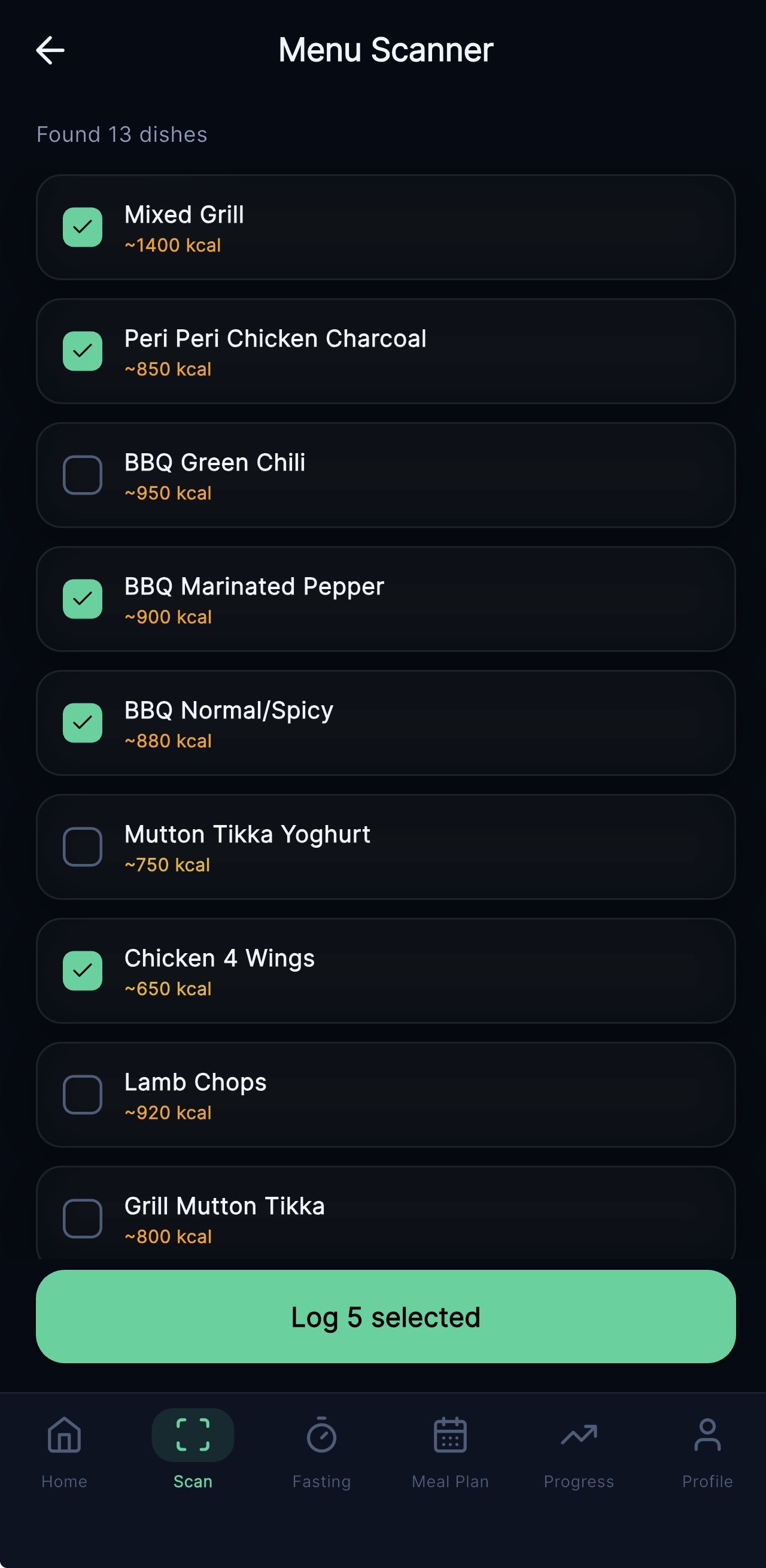Menu Scanner screen